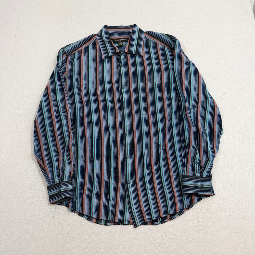 Jhane Barnes Button Shirt Men's XL Multi Color Striped Silk Rayon Long Sleeve